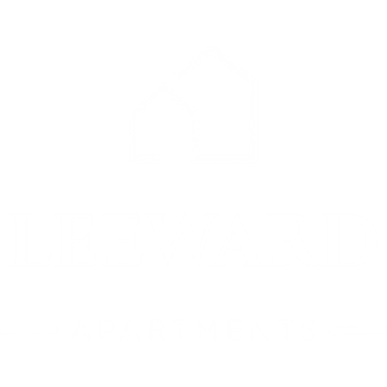 The image is a logo for Leeward Apartments, featuring a stylized house icon above the company name.